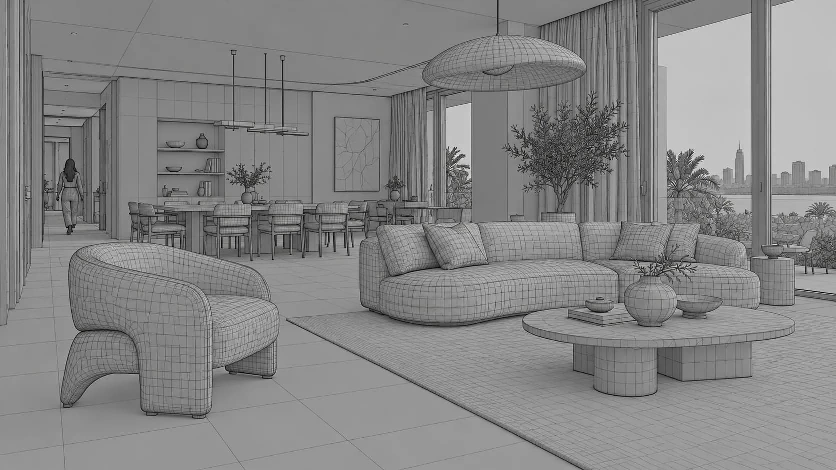 Gray clay model view of a living and dining space