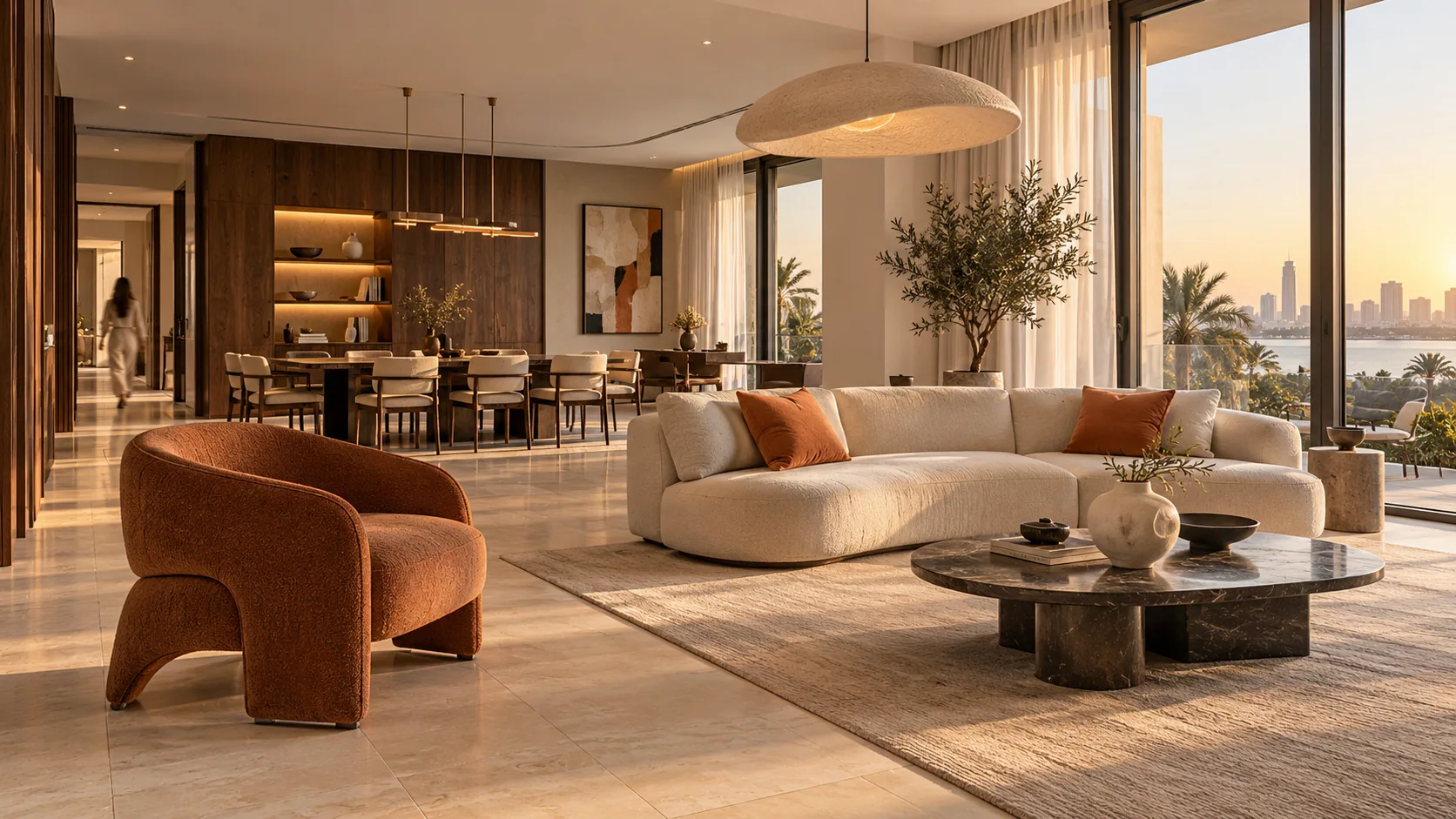 Illustrative living and dining room with selectable fabric, curtain, floor and light options.